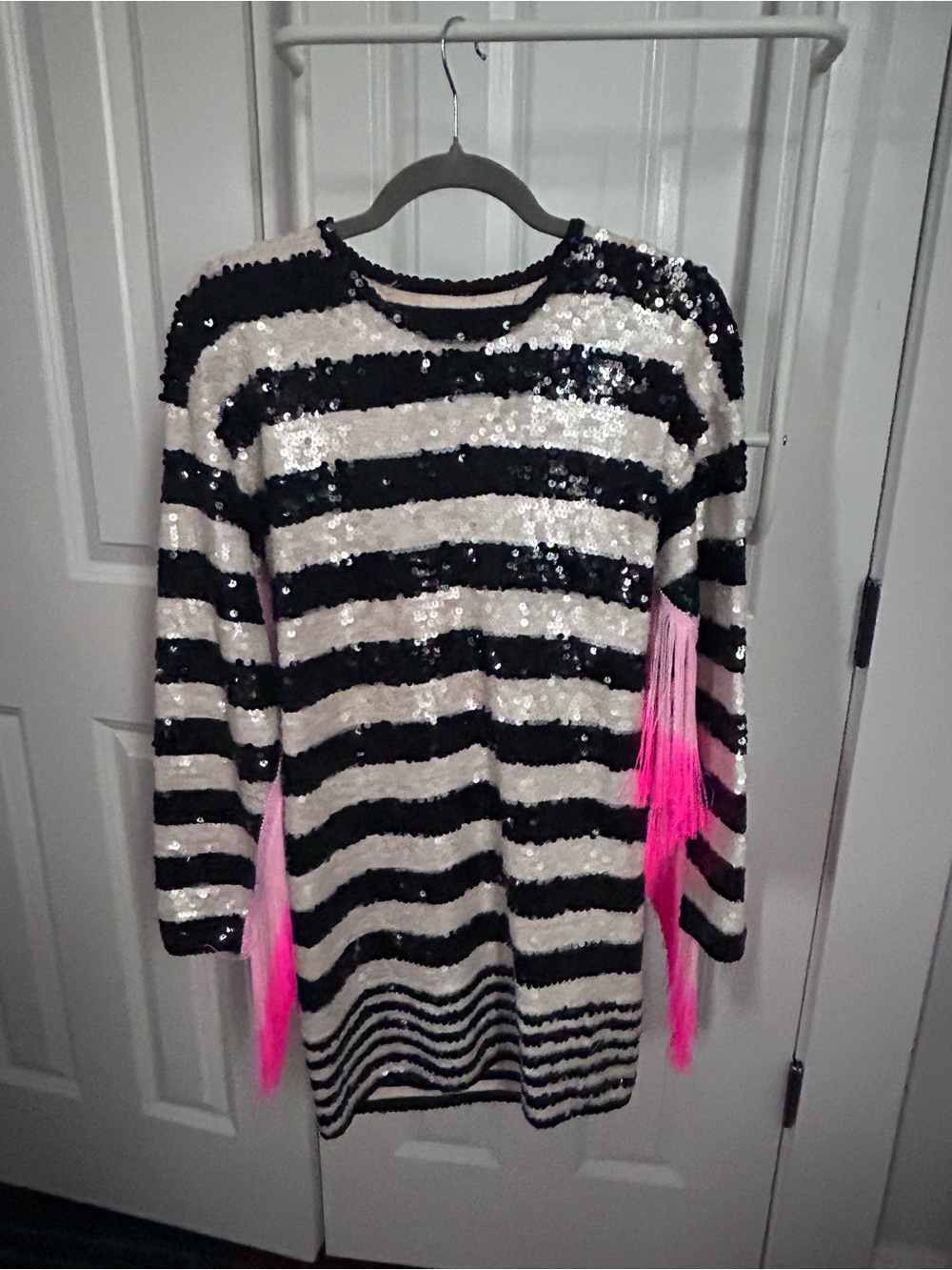 Women’s Vintage Sequin Striped Sweater Dress with Pink Fringe